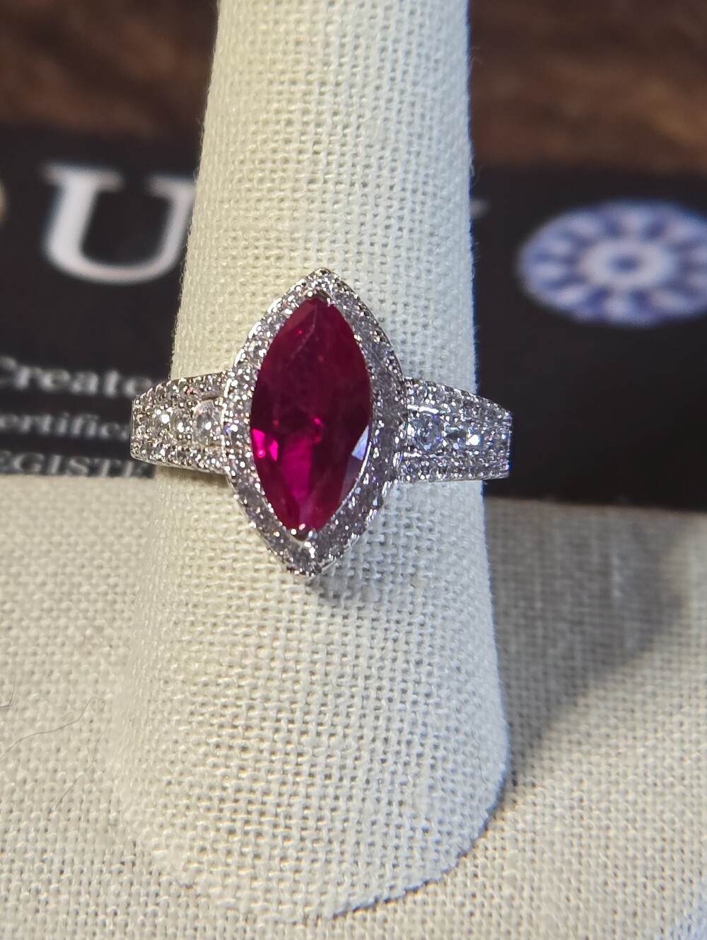 Sterling Silver Halo Marquise 3.0ct Ruby-Red Gemstone Ring With Moisanite Halo